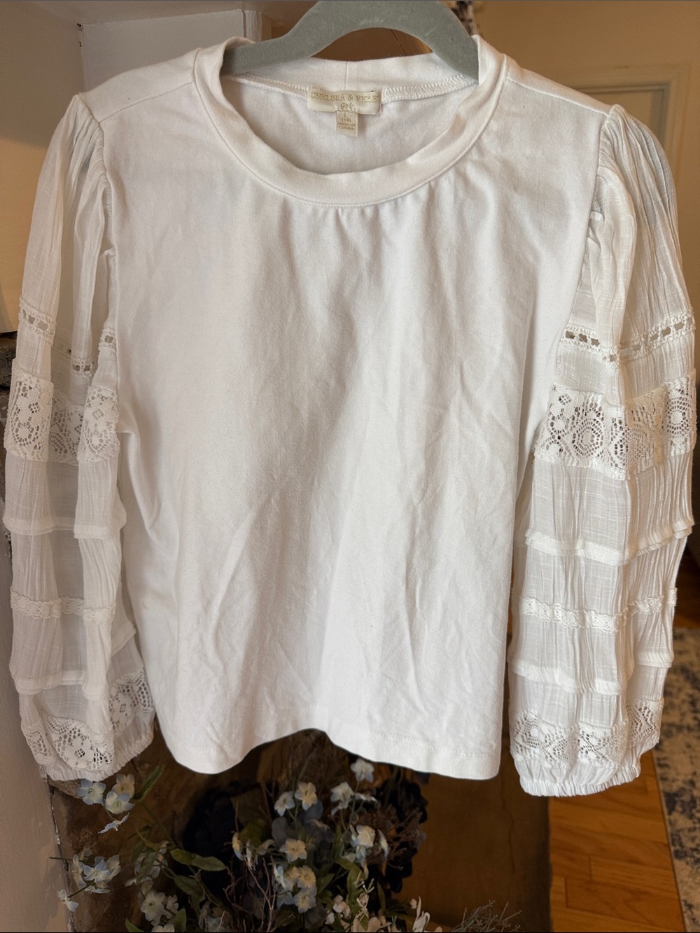 Chelsea & Violet White Lace-Tiered Sleeve Sweatshirt
